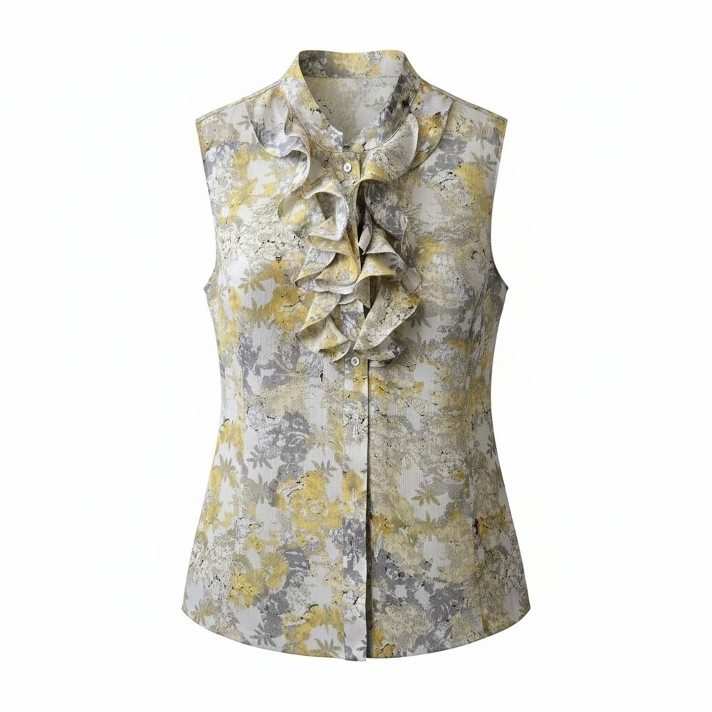 Tahari Womens Blouse Ruffle Front Floral Chiffon Sleeveless Workwear Yellow XL
